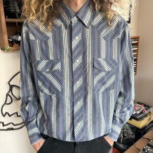 Vintage 80s 90s Rustler Striped Pearl Snap Western ~ Size Large